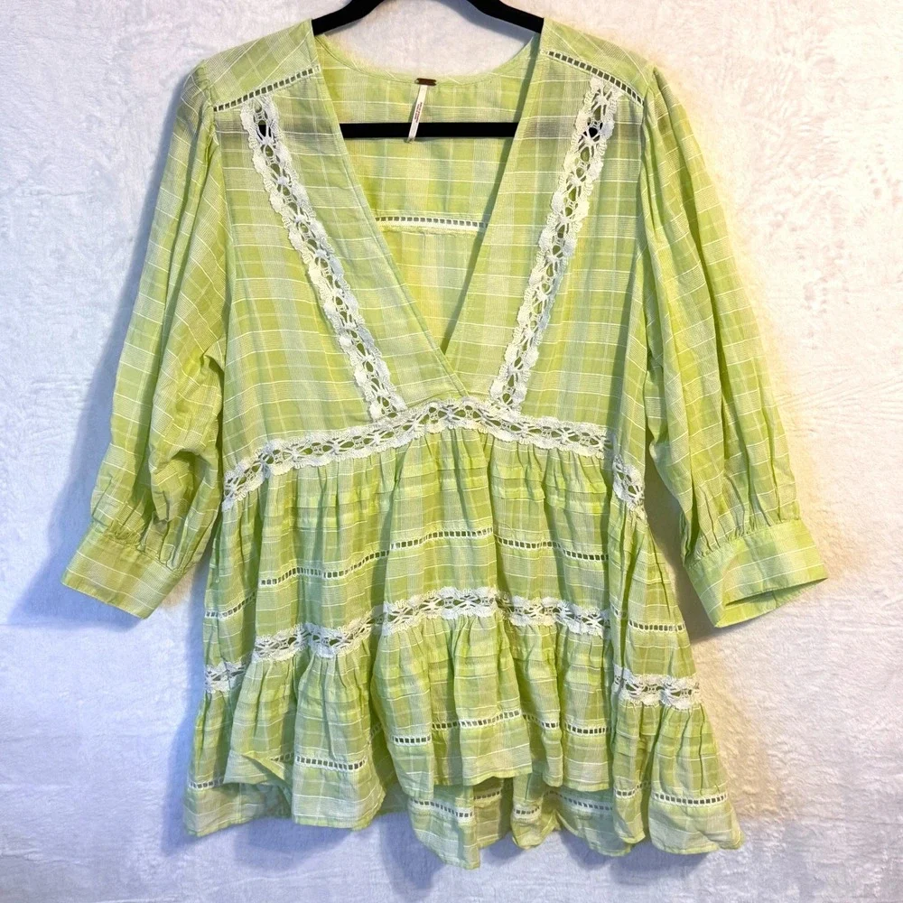 Free People Lime Green Time Out Plaid Crochet Lace‎ Babydoll Tunic Top Small
